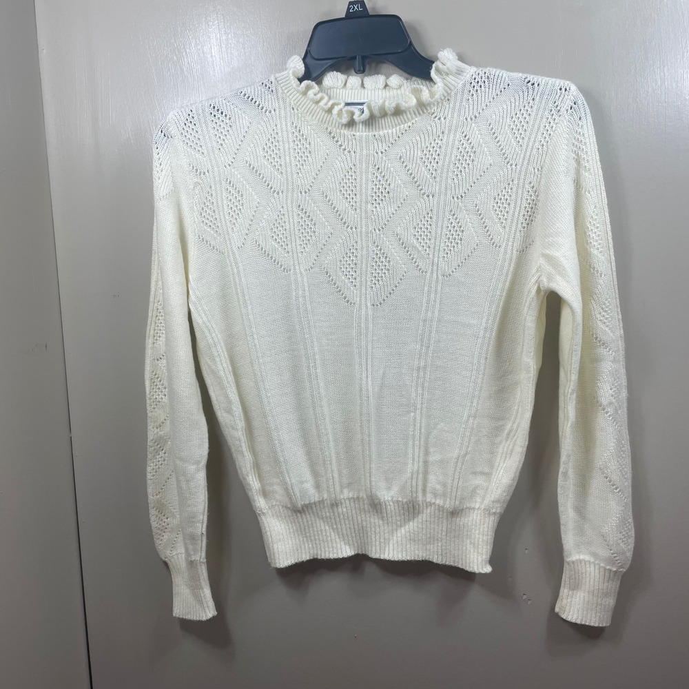 Kenneth‎ Too Ivory Crochet Knit Mock Neck Ruffle Sweater Womens Made USA